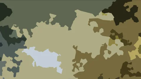 Abstraktes Muster aus unregelmäßigen, verzahnten Flächen in Oliv, Khaki, Dunkelgrün und einem hellblauen Fleck.