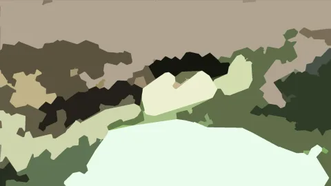Abstraktes Bild aus unregelmäßigen, flachen Farbflächen in Beige, Braun, Schwarz und verschiedenen Grüntönen, oben eine helle Beigefläche, unten eine große hellgrüne Fläche.