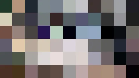 Ein Raster aus rund 66 quadratischen Farbfeldern in Grün, Beige, Grau, Violett, Rosa und Schwarz, ohne erkennbares Motiv.