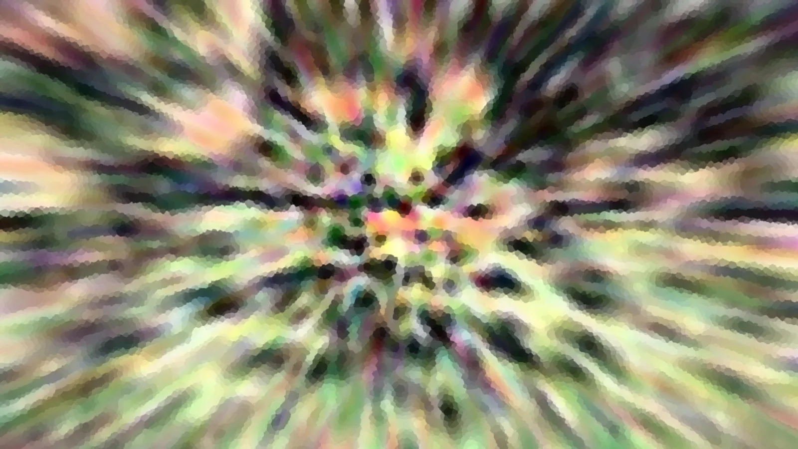 Abstrakte Komposition aus radial angeordneten Farbstrahlen in Grün, Rosa, Gelb und Violett, zur Bildmitte hin pixelig aufgelöst.