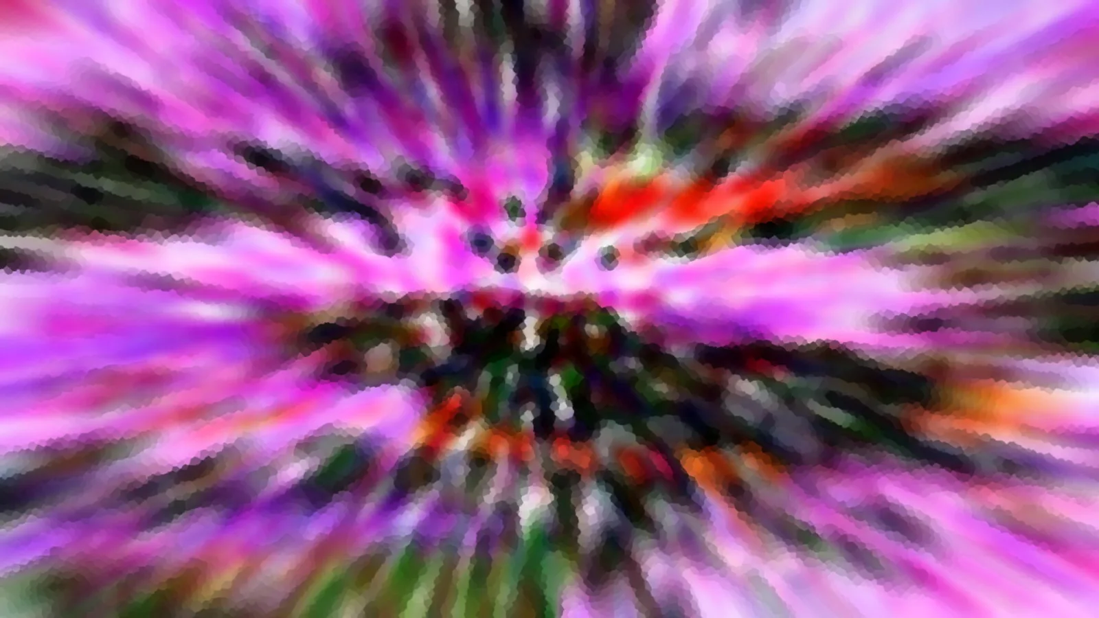 Abstrakte radiale Unschärfe in Pink, Violett und Rot mit grünen und schwarzen Akzenten, pixelig gerastert.