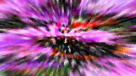Abstrakte radiale Unschärfe in Pink, Violett und Rot mit grünen und schwarzen Akzenten, pixelig gerastert.
