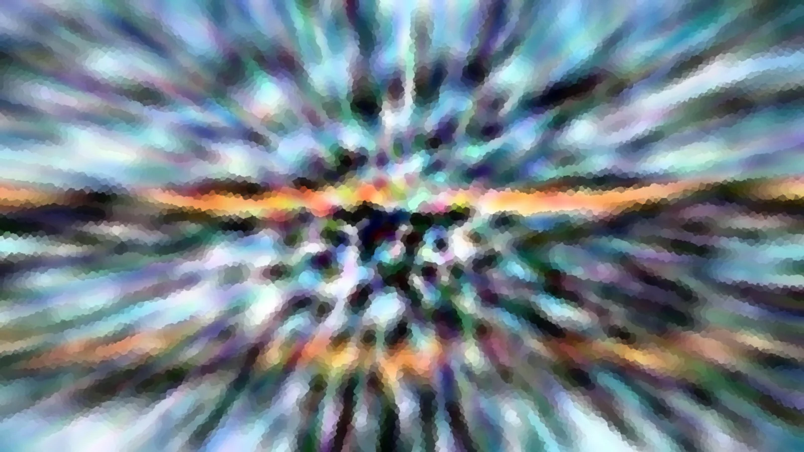 Abstraktes Bild mit bunten Schlieren, die von einem dunklen Zentrum radial nach außen laufen, und einem orangefarbenen Streifen in der Bildmitte