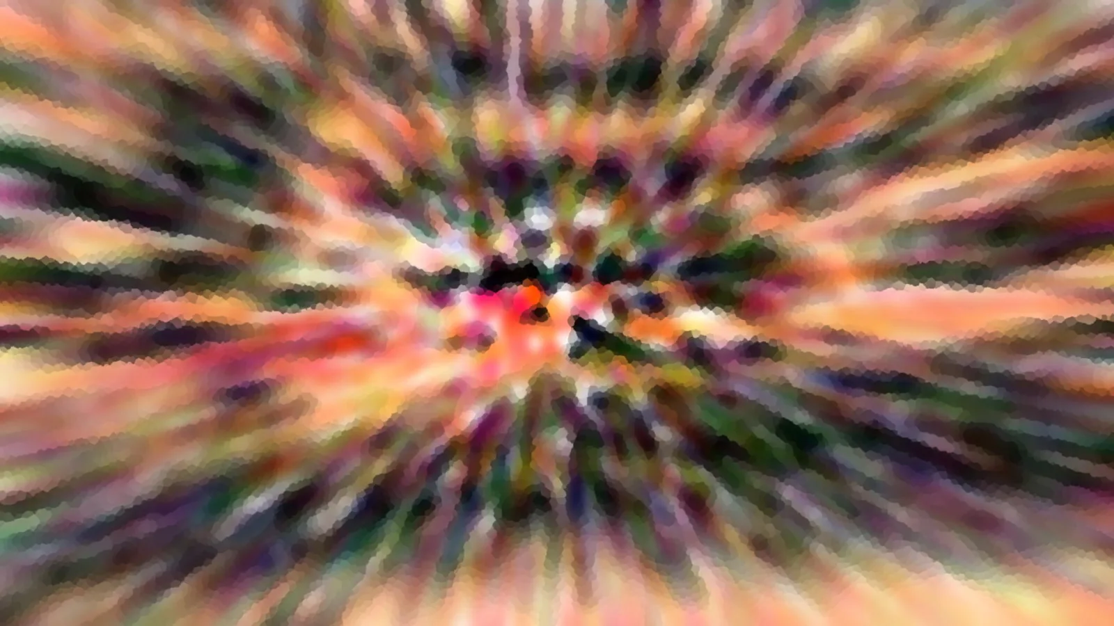 Abstrakte Komposition aus radial verlaufenden Streifen in Rosa, Orange, Grün und Dunkelviolett, die zur hellen Bildmitte hin zusammenlaufen.