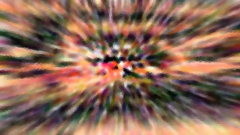 Abstrakte Komposition aus radial verlaufenden Streifen in Rosa, Orange, Grün und Dunkelviolett, die zur hellen Bildmitte hin zusammenlaufen.