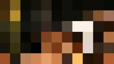 Pixeliges Mosaik aus braunen, orangefarbenen, schwarzen und cremefarbenen Feldern in einem Raster von zehn mal sechs Blöcken.