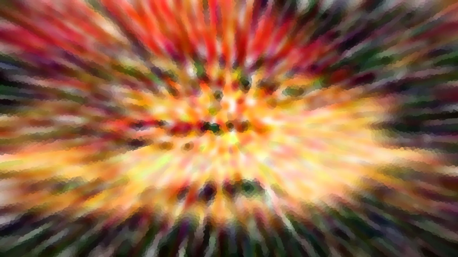 Abstraktes Bild mit radial verlaufenden roten, gelben und grünen Farbstrahlen, die von einem hellen Zentrum nach außen laufen.