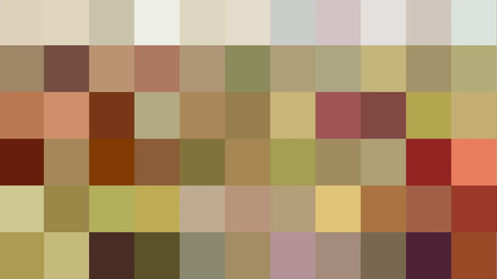 Abstraktes Raster aus farbigen Quadraten in Beige, Braun, Ocker und Olivgrün.