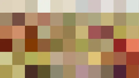 Abstraktes Raster aus farbigen Quadraten in Beige, Braun, Ocker und Olivgrün.