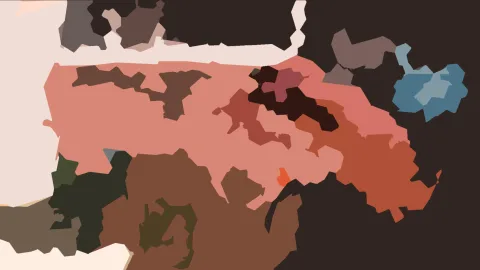 Abstrakte Komposition aus rosafarbenen, braunen und dunklen flächigen Formen auf schwarzem Hintergrund, rechts oben ein blauer Fleck.