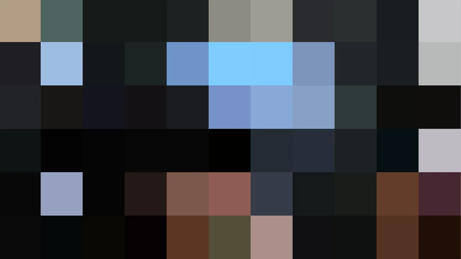 Pixeliges Mosaik aus dunklen Blöcken mit einem hellblauen Band in der Mitte und einzelnen braunen und hellen Feldern unten rechts.