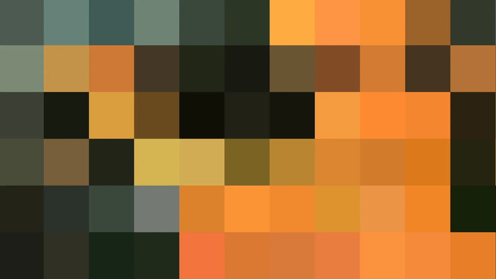Quadratisches Pixelmosaik mit dunklen Grüntönen links und warmen Orange- und Gelbtönen nach rechts und unten.