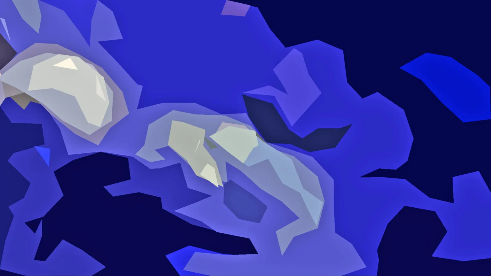 Abstrakte Komposition aus blauen, dunkelblauen und hellgrauen Polygonflächen mit cremefarbenen Lichtakzenten.
