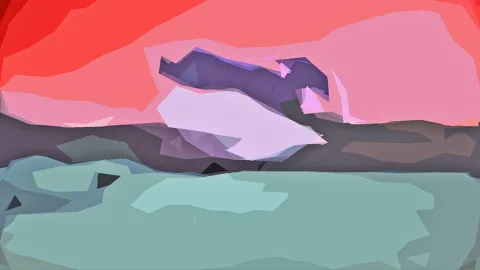 Abstrakte Komposition aus kantigen roten, rosa, violetten und türkisfarbenen Flächen mit einer dunklen Horizontzone
