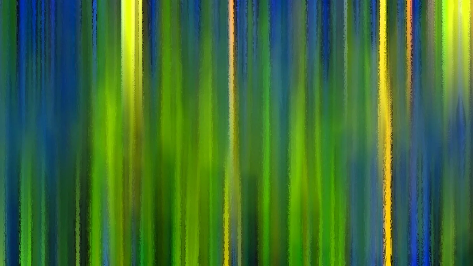 Abstrakte Komposition aus senkrechten, verwischten Streifen in Blau, Grün und Gelb mit helleren Lichtbahnen.