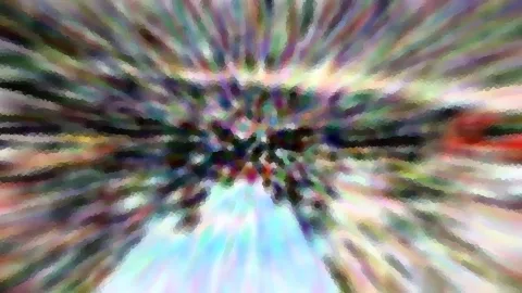 Abstrakte Komposition aus bunten Farbstreifen, die von einem dunklen Zentrum radial nach außen laufen, unten hellblaues Licht.