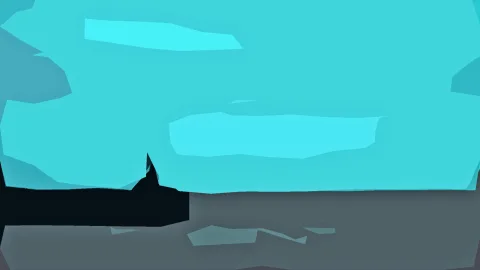 Abstrakte Komposition aus türkisen Flächen mit einer dunklen Silhouette links unten vor grauem Grund.