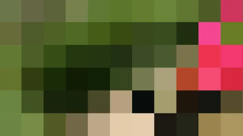 Pixeliges Mosaik aus grünen, dunklen, pinken und beigen Quadraten