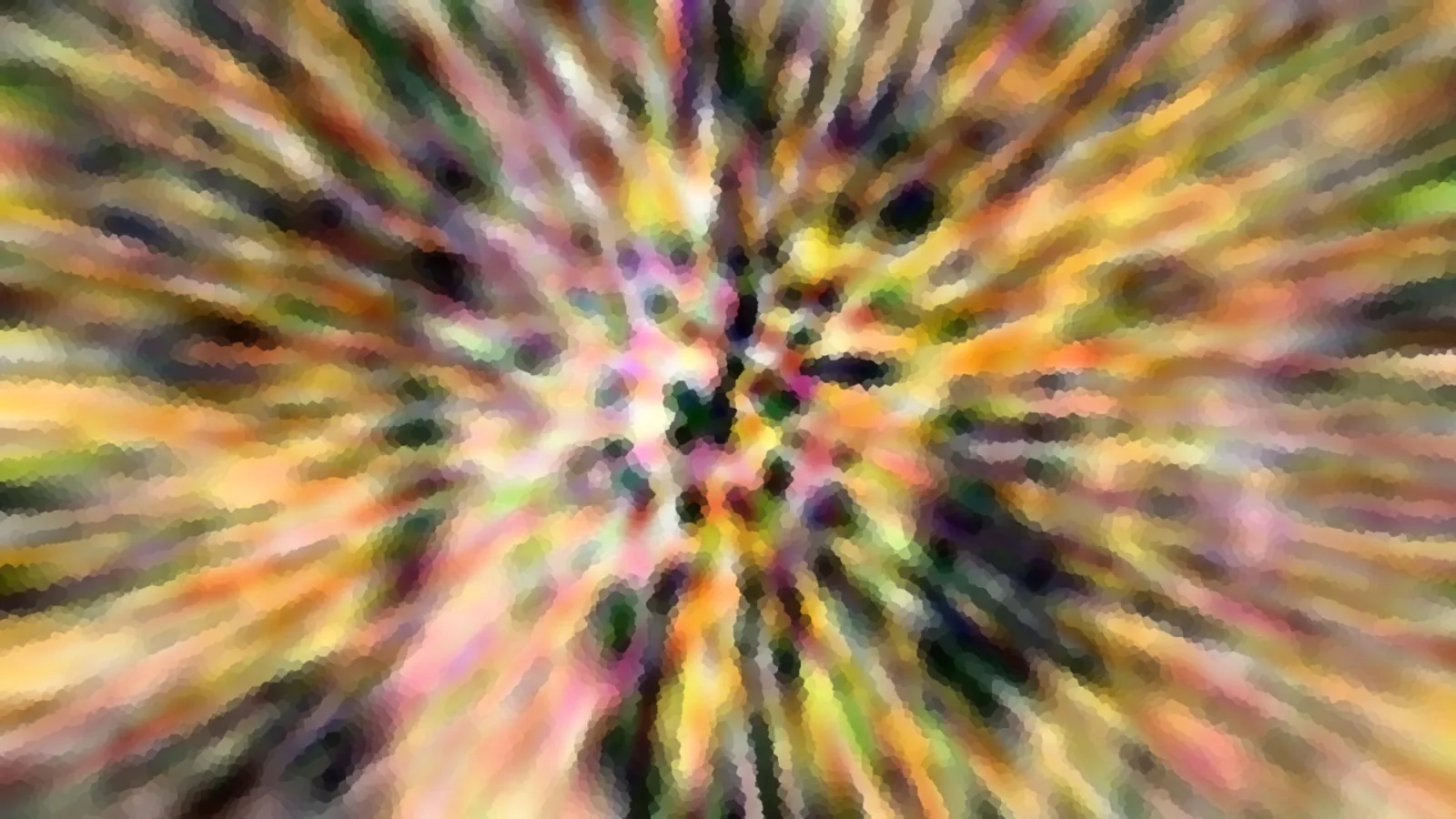 Abstrakte Komposition aus radial von der Mitte nach außen verlaufenden Streifen in Gelb, Orange, Grün, Rosa und Schwarz, verpixelt und unscharf.