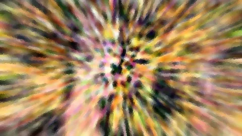Abstrakte Komposition aus radial von der Mitte nach außen verlaufenden Streifen in Gelb, Orange, Grün, Rosa und Schwarz, verpixelt und unscharf.