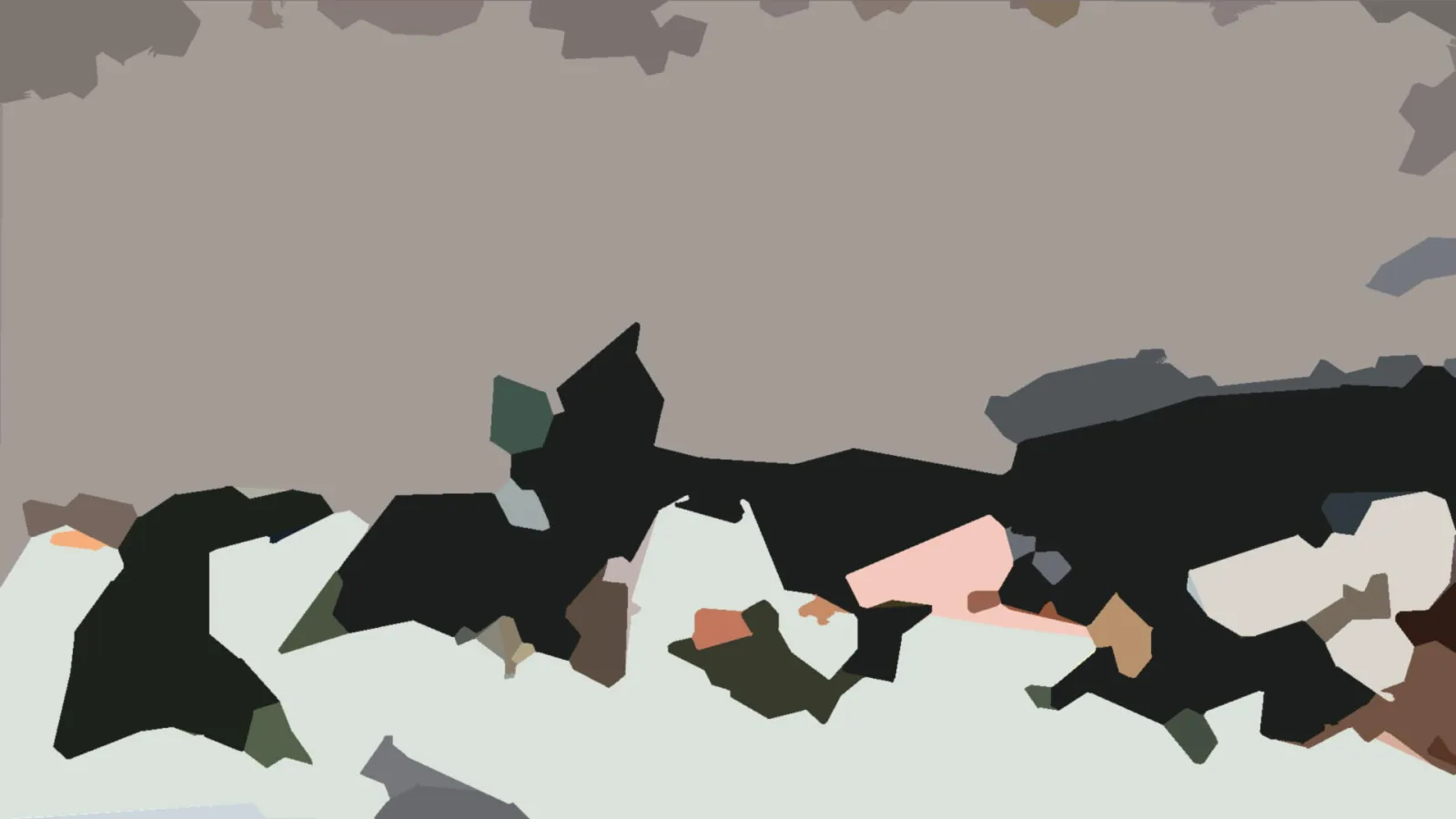 Abstrakte Komposition aus flachen, unregelmäßigen Formen: oben ein großer grauer Bereich, darunter schwarze Flächen, helle Flächen am unteren Rand und vereinzelte rosa, orangefarbene und braune Akzente.