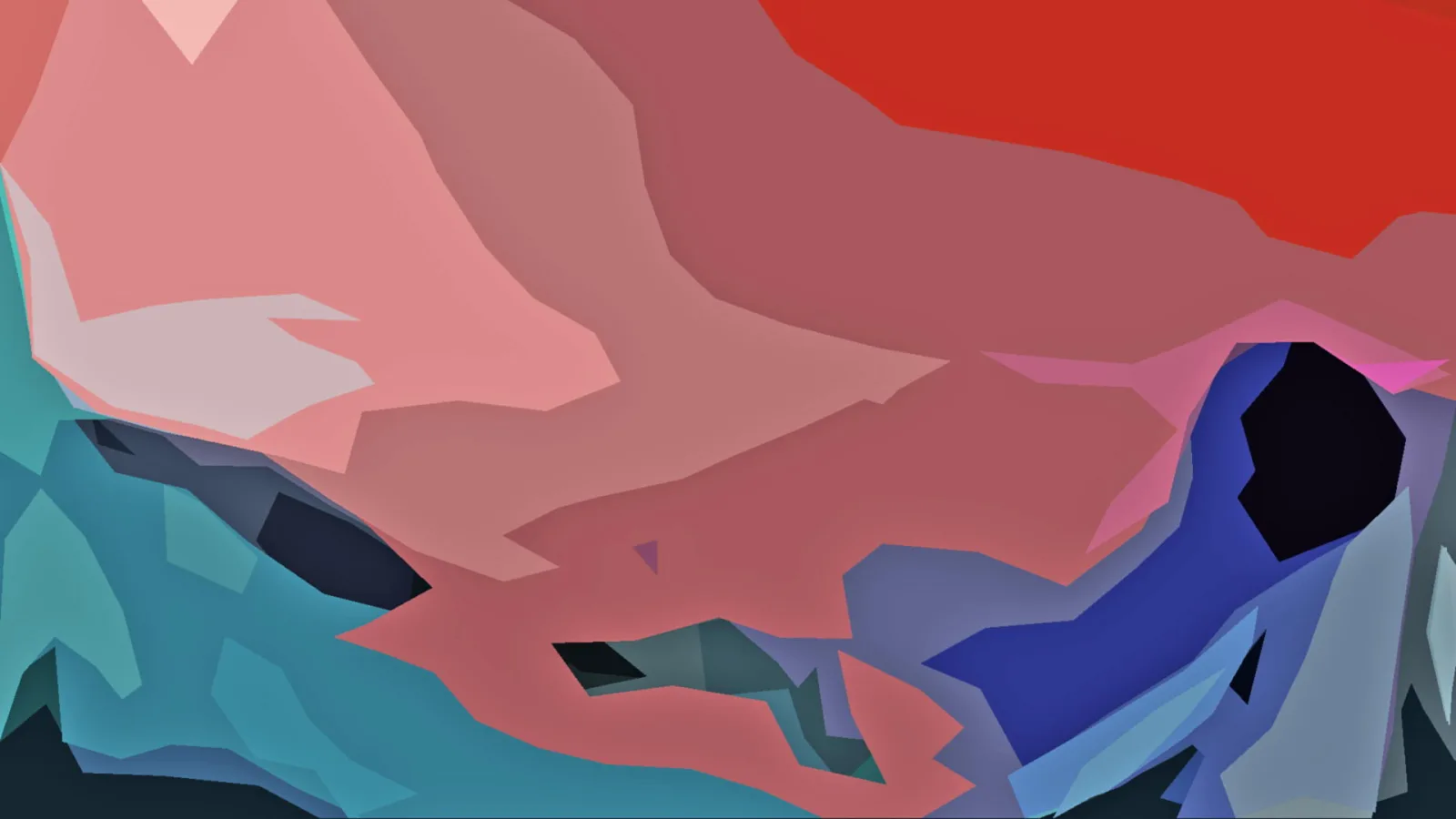 Abstrakte, polygonale Landschaft mit roten, rosa und türkisfarbenen Flächen sowie einem dunklen Fleck rechts.