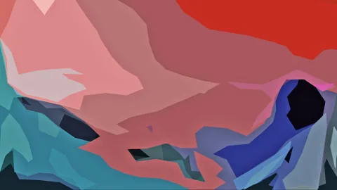 Abstrakte, polygonale Landschaft mit roten, rosa und türkisfarbenen Flächen sowie einem dunklen Fleck rechts.