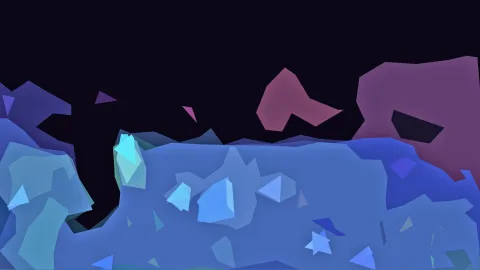 Abstrakte Komposition aus blauen, violetten und rosafarbenen Polygonen auf dunklem Hintergrund, im unteren Bereich dicht gedrängt.