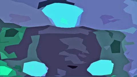 Abstrakte Komposition aus flächigen, kantigen Formen in Blau, Violett und Grün, mit leuchtend türkisen Akzenten oben und unten und einer dunklen Fläche in der Mitte.