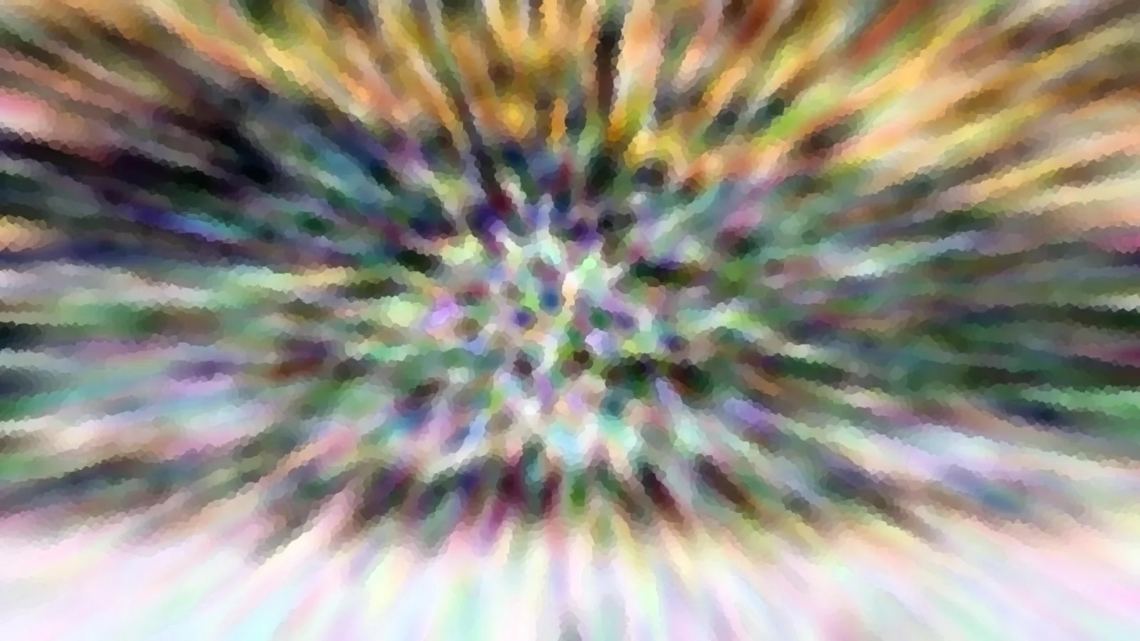 Abstraktes Bild mit bunten, radial von einem hellen Zentrum nach außen verlaufenden Streifen in Grün, Lila, Gelb und Rosa.