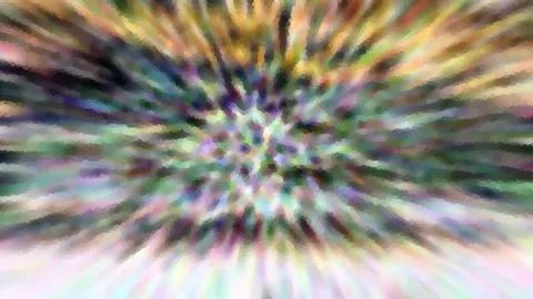 Abstraktes Bild mit bunten, radial von einem hellen Zentrum nach außen verlaufenden Streifen in Grün, Lila, Gelb und Rosa.