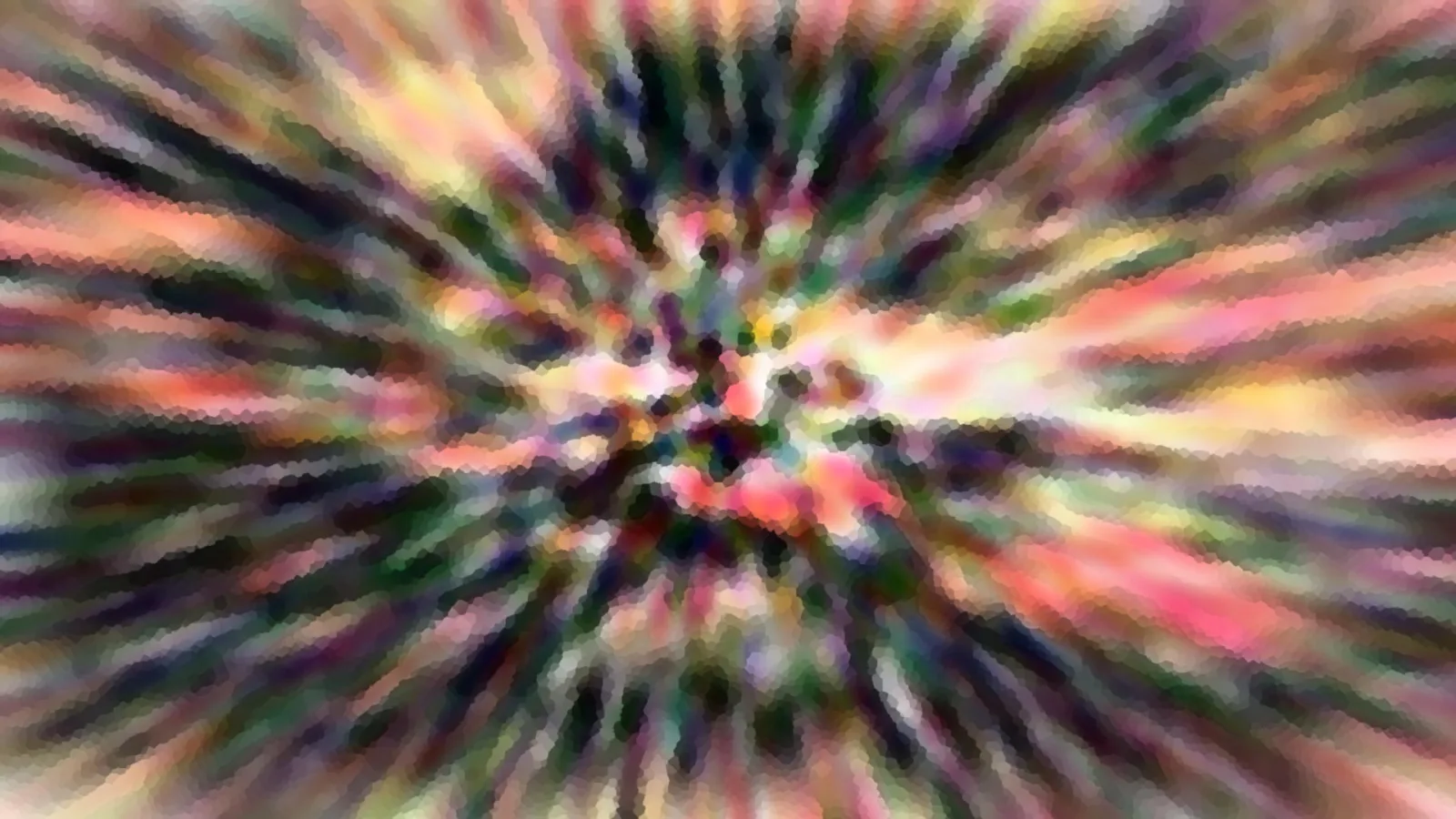 Abstraktes Bild mit farbigen Streifen in Rosa, Grün, Gelb und Dunkelblau, die von der Mitte nach außen strahlen, mosaikartig gepixelt.