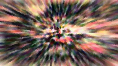 Abstraktes Bild mit farbigen Streifen in Rosa, Grün, Gelb und Dunkelblau, die von der Mitte nach außen strahlen, mosaikartig gepixelt.