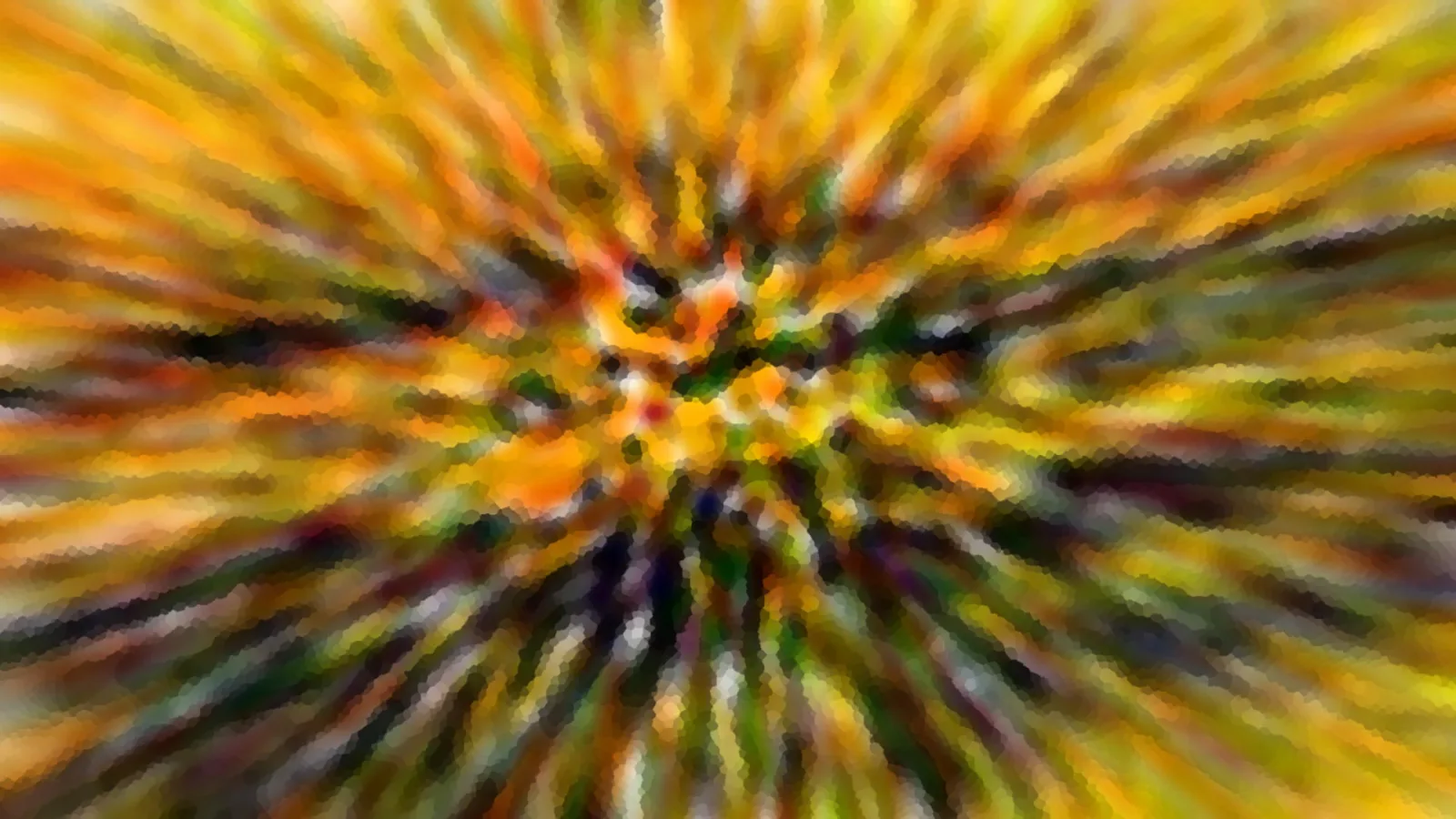 Abstrakte radiale Unschärfe mit orangen, gelben und grünen Streifen, die aus einem dunkleren Zentrum nach außen strahlen.