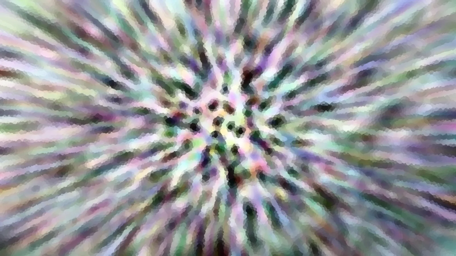 Abstrakte Komposition aus pastellfarbenen Streifen und Pixelfeldern, die von einem dunklen Punkt in der Bildmitte radial nach außen strahlen.