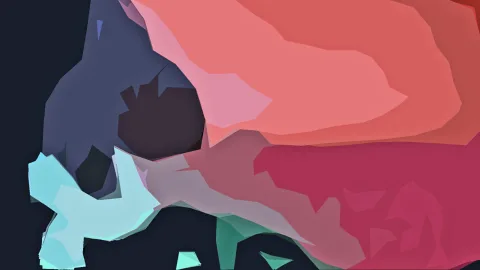Abstrakte Komposition aus flachen, kantigen Farbflächen in Koralle, Pink, Dunkelblau und Türkis auf dunklem Grund.