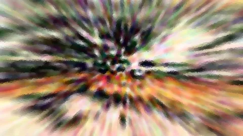 Abstraktes Bild mit radial von der Mitte ausgehenden Farbstreifen in Grün, Orange, Rosa und Violett, stark verwischt und mosaikartig gepixelt.