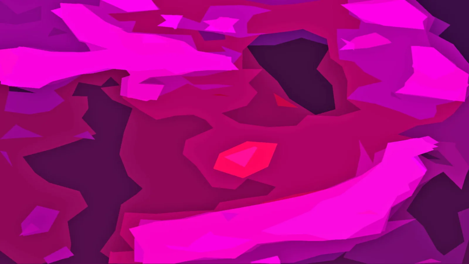 Abstrakte Komposition aus scharfkantigen Flächen in Magenta, Pink und Dunkelviolett, mit einem leuchtend roten Fleck in der Bildmitte.