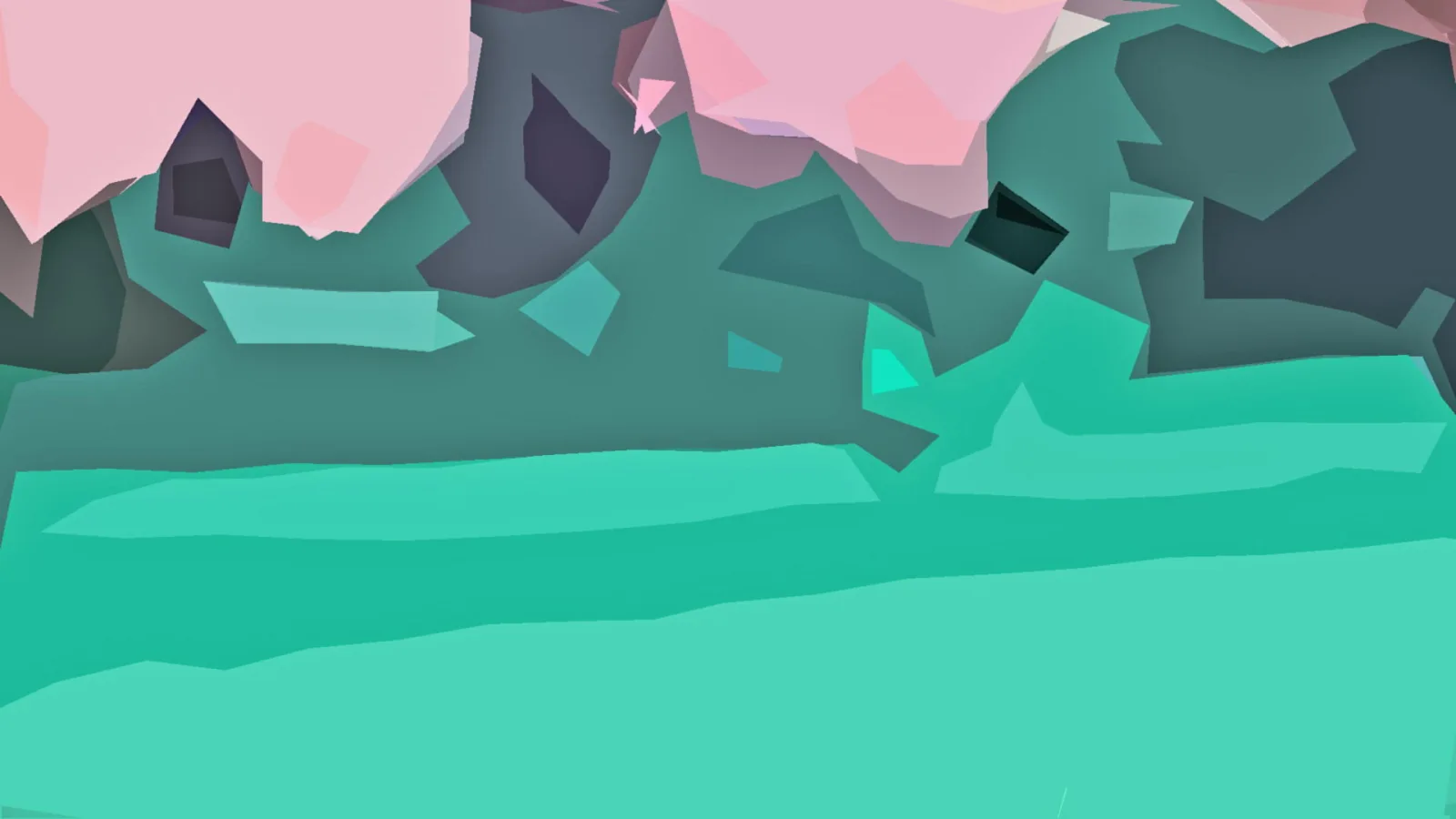 Abstrakte Low-Poly-Fläche mit rosa Formen oben und türkisfarbenen Bändern im unteren Bereich.