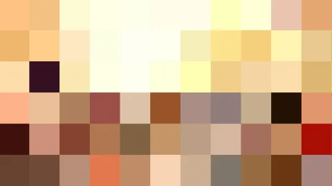 Pixeliges Mosaik aus gelben, cremefarbenen, braunen und roten Blöcken in einem groben Raster.