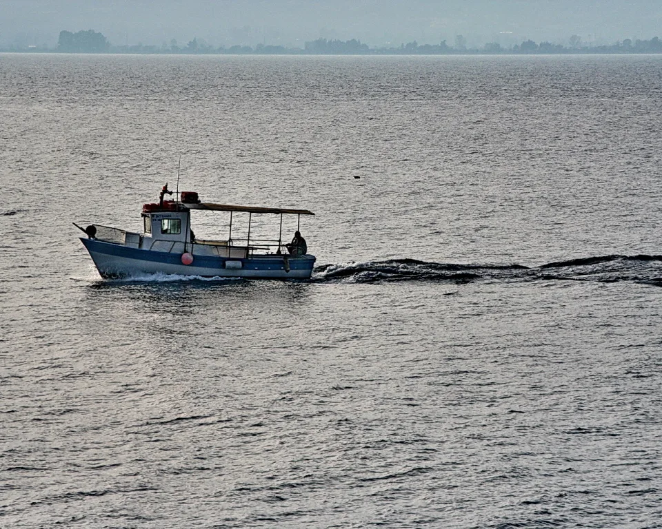 Ein kleines blau-weißes Fischerboot mit Kabine und Sonnendach fährt von rechts nach links über ein graues, leicht gewelltes Meer, im Hintergrund verschwimmt eine bewaldete Küstenlinie im Dunst.