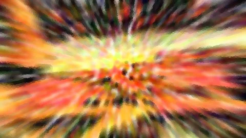 Abstraktes Bild mit strahlenförmiger Bewegungsunschärfe von einem hellen gelben Zentrum aus, in Orange, Rot, Gelb und Grün, mosaikartig pixelig.