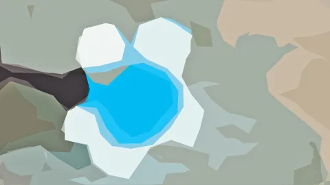 Abstrakte Komposition aus flächigen, polygonalen Formen in Grau, Weiß und Beige, im Zentrum eine leuchtend blaue, von weißen Flächen umschlossene Form, links ein dunkler Keil.