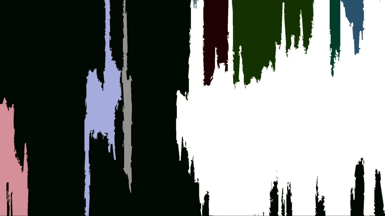 Vertikale Farbstreifen in Schwarz, Weiß, Rosa, Lavendel, Grau, Dunkelrot, Grün, Petrol und Blau mit ausgefransten Rändern vor schwarzem und weißem Grund.