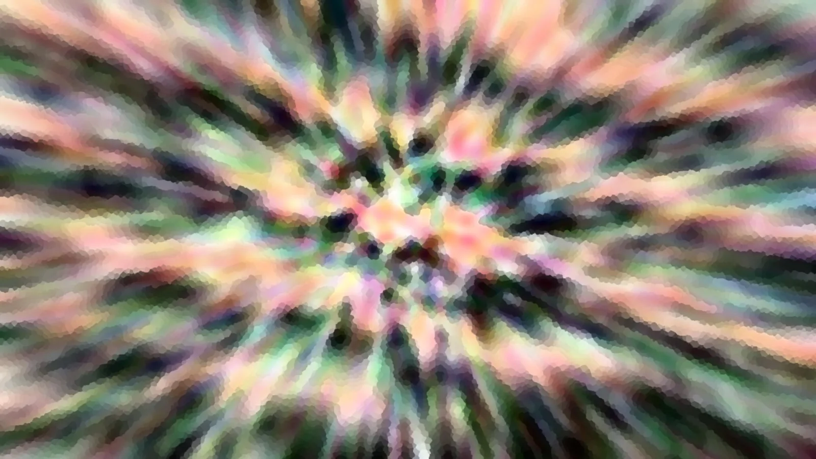 Abstraktes Bild mit farbigen Strahlen in Rosa, Grün und Dunkelblau, die von einem hellen Zentrum nach außen laufen und mosaikartig verpixelt wirken.