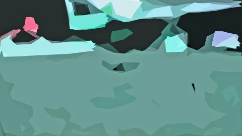 Abstraktes Bild mit flachen, kantigen Formen in Mintgrün, Hellblau und Lila vor dunklem Hintergrund, unten eine große gedämpfte grüne Fläche mit einem roten Akzent oben links.