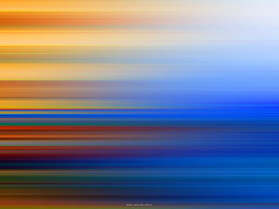 Abstrakte Komposition aus horizontalen, verwischten Farbstreifen: oben und links warm orange und gelb, rechts und unten kühles Blau mit roten und dunkelblauen Akzenten.