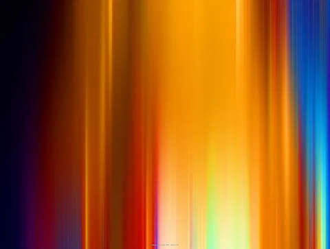 Abstrakte vertikale Streifen aus Licht in Orange, Gelb und Blau, dunkler Hintergrund links, helle Zone in der Bildmitte unten.