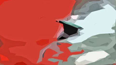 Abstrakte Low-Poly-Komposition mit einer großen roten Fläche links, einer schwarzen Form in der Mitte und hellen Eis- und Grautönen rechts.