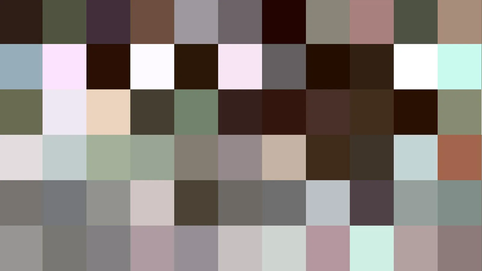 Rasterbild aus rund 66 quadratischen Farbfeldern in gedämpften Braun-, Grau-, Grün- und Pastelltönen.